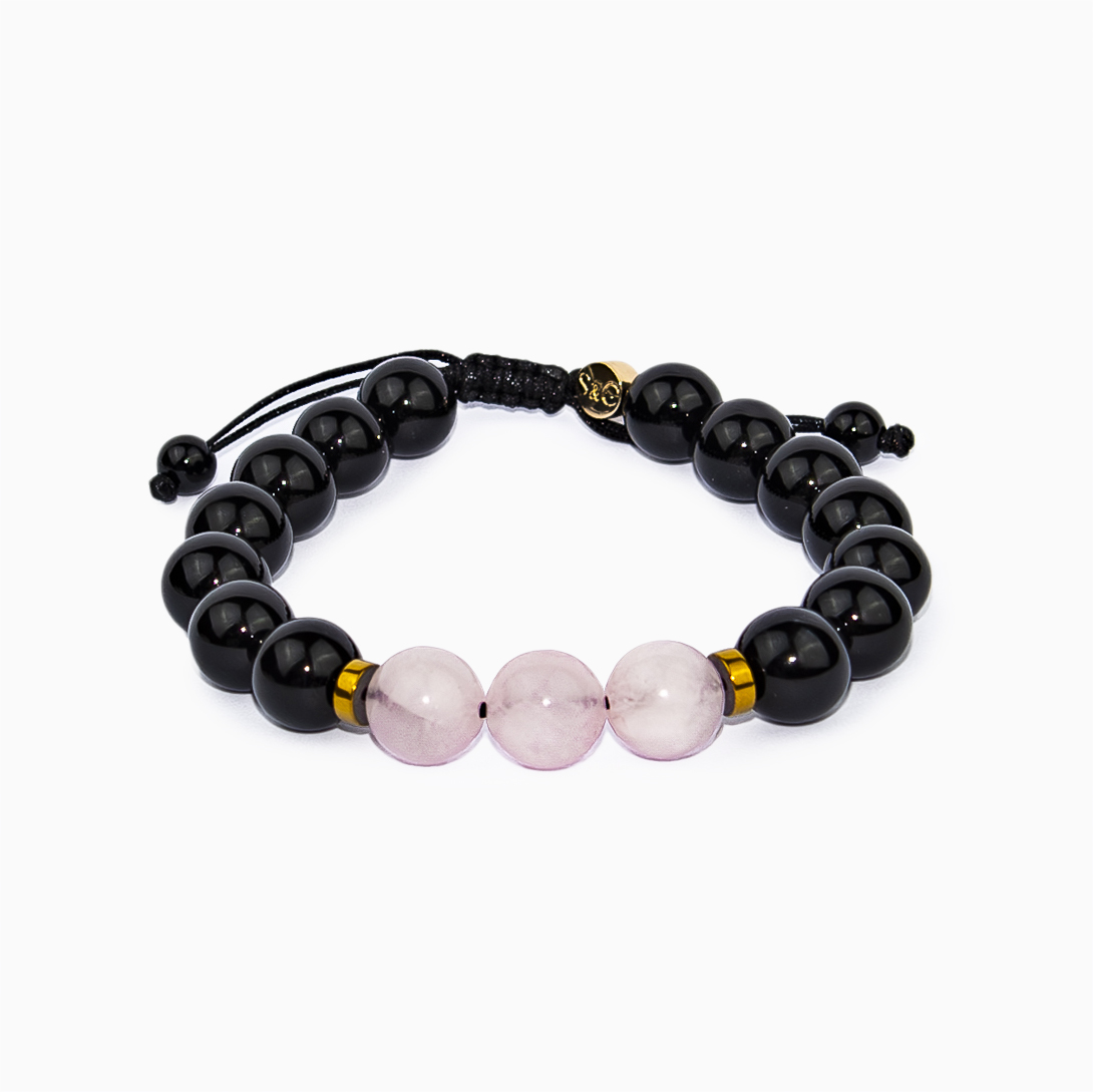 5SC-JW1-CRQO02-Love _ Protection-Couple Rose Quartz _ Onyx Bracelet(Pair)